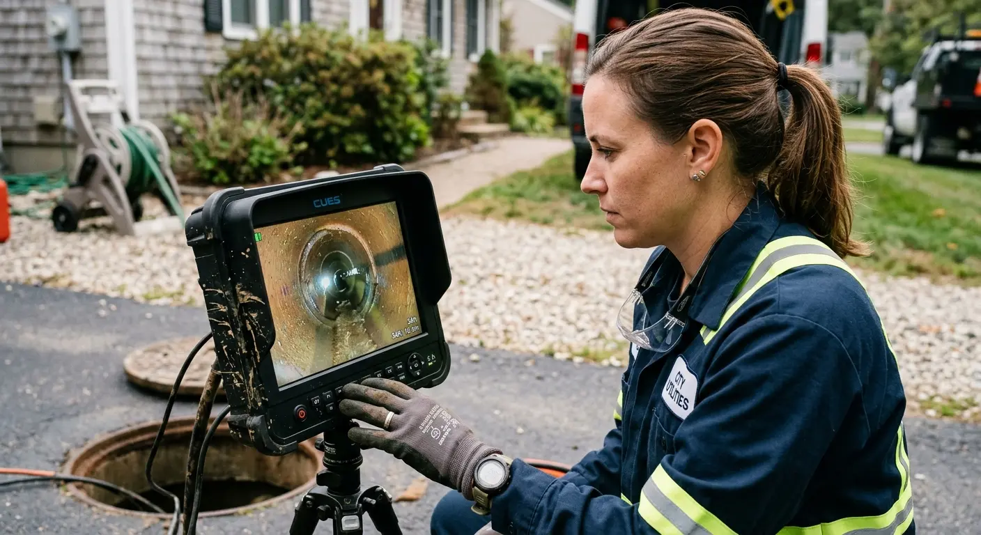 Technician reviewing sewer camera inspection footage in Stuart