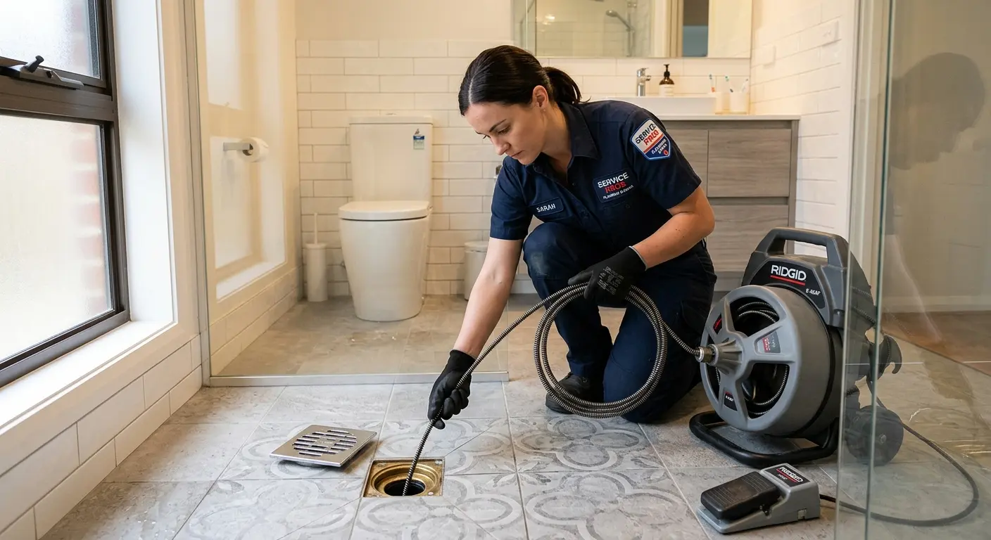 Technician clearing a bathroom floor drain for Sewer Line Installation in Stuart